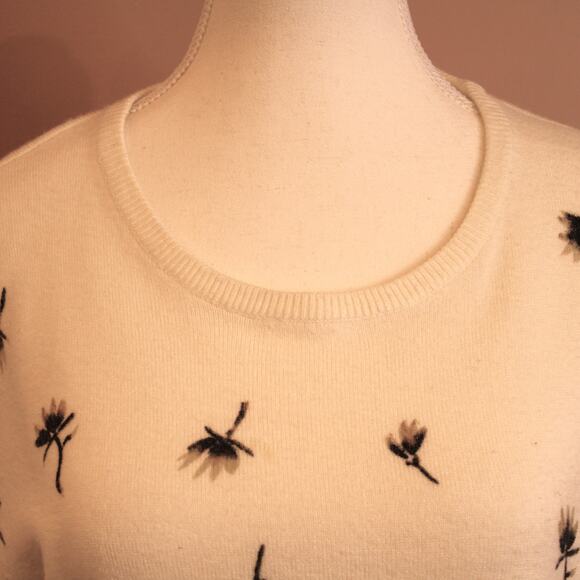 VTG Sag Harbor Floral Print Short Sleeve Sweater Size Large Cream Black - Picture 2 of 9